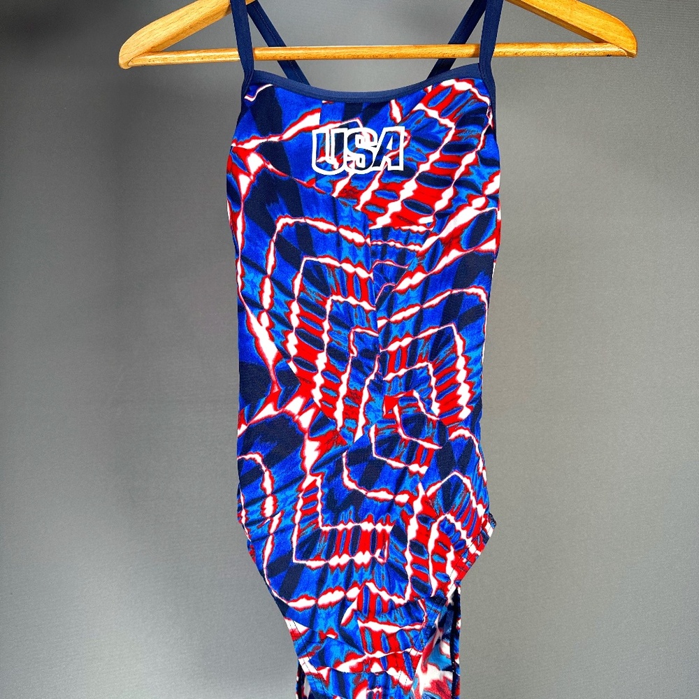 Patriotic Red, White and Blue Women's One-Piece Swimsuit with USA Logo - Size 34